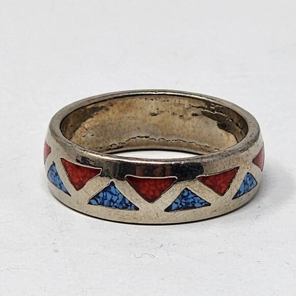 Vintage Sterling Silver Genuine Turquoise & Coral Navajo Native American Ring - Picture 1 of 4